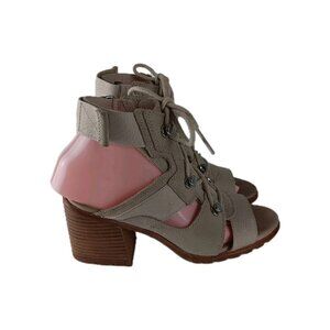 Sorel Sandals Womens 7.5  Lace Up Block Heels  Beige Open Toe Leather / Suede